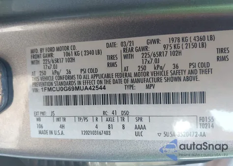 2021 Ford Escape Se z USA, uszkodzony, nr VIN 1FMCU0G69MUA42544